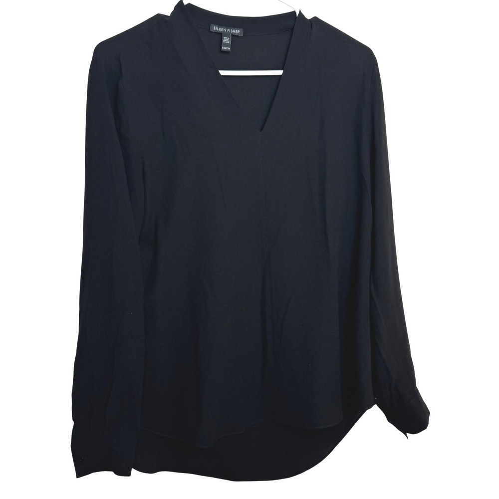 EILEEN‎ FISHER Black Silk Long Sleeve V Neck Tunic Top XXS Minimalist